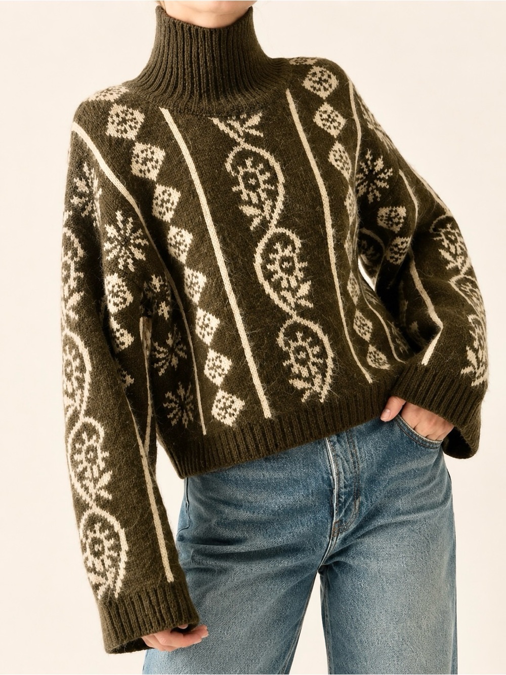 Promesa First Frost Nordic Knit Mock Neck Sweater M Olive